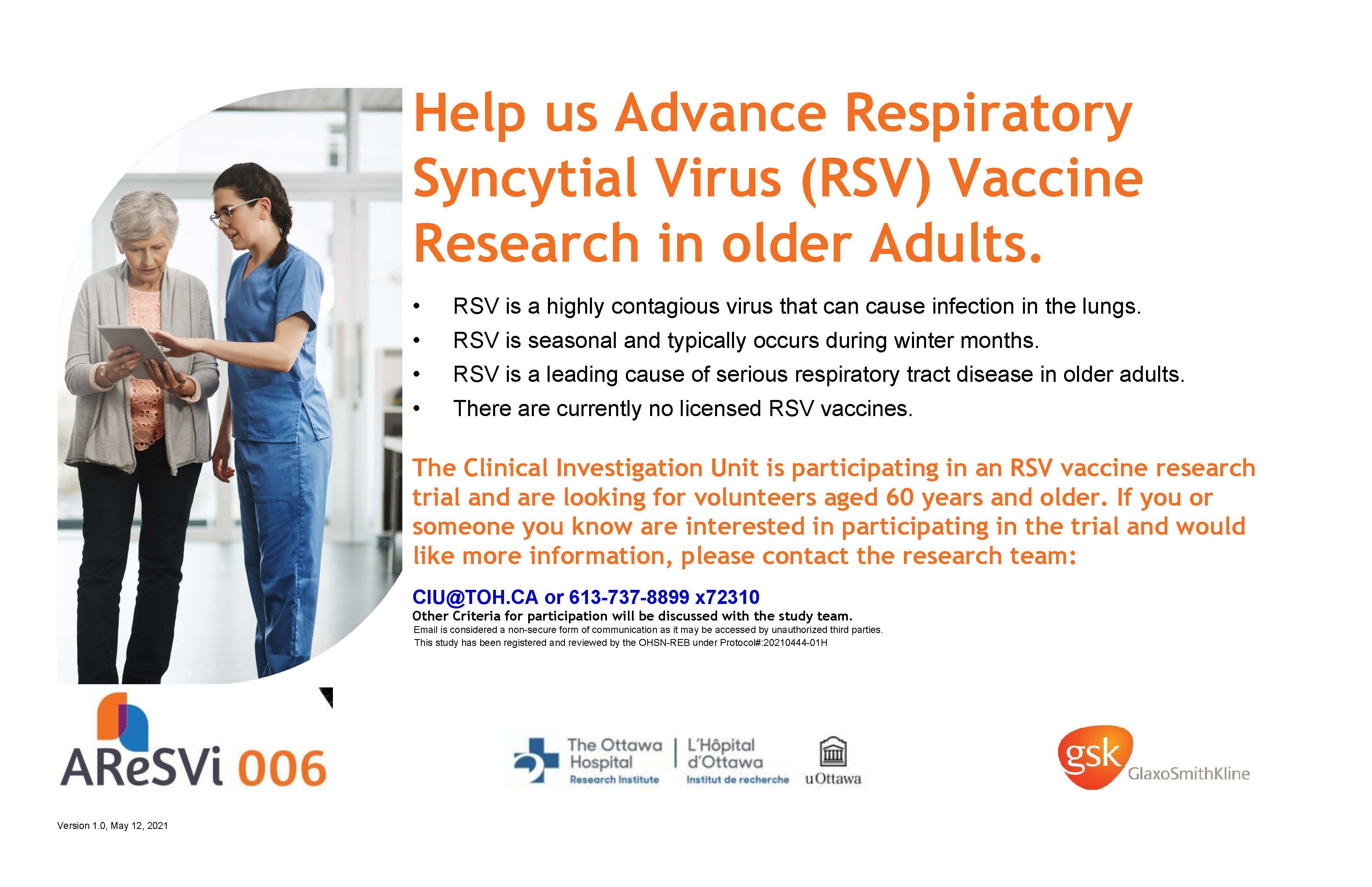 A poster with information on a clinical trial of a vaccine for Respiratory Syncytial Virus (RSV). See accessible PDF: http://www.ohri.ca/newsroom/files/RSVVaccinetrialEN.pdf