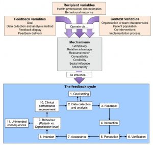 Clinical Performance Feedback Intervention Theory’s variables and explanatory mechanisms, and their influence on the feedback cycle. Solid arrows are necessary pathways for successful feedback. Dotted arrows represent potential pathways.