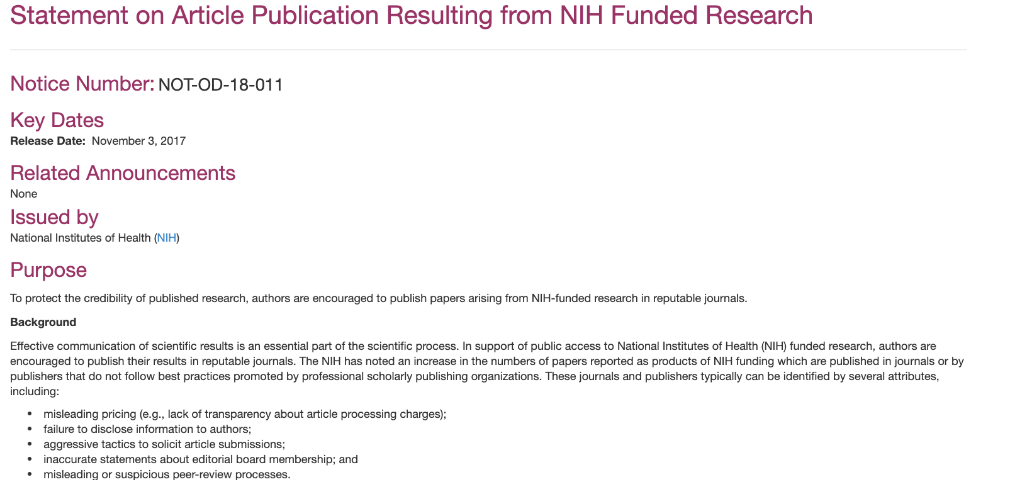 Statement on Article Publication Resulting from NIH Funded Research